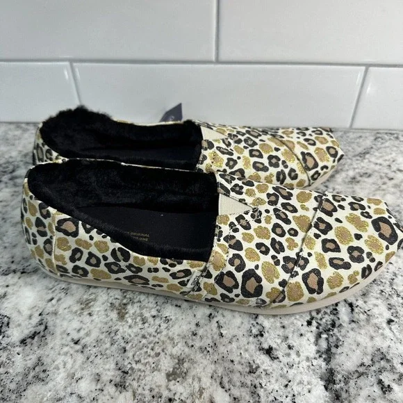 TOM'S ALPARGATA NATURAL GLITTER CHEETAH FAUX FUR LINED SLIP ON SHOES SIZE 10 - Picture 3 of 4